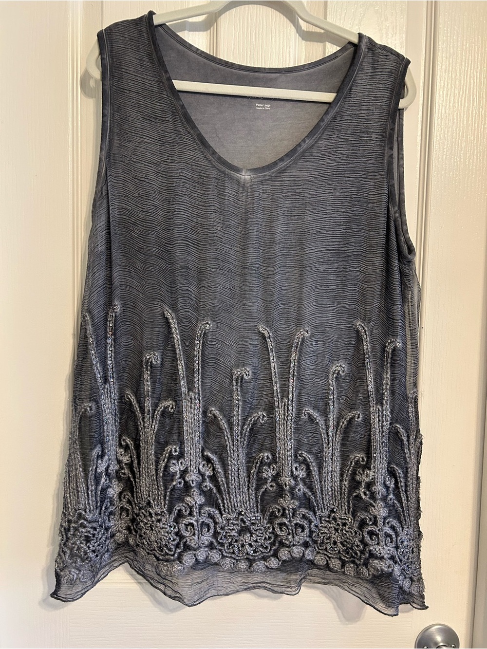 Soft Surroundings Charcoal Gray Sleeveless V-Neck Silk Tank with Embroidered Hem